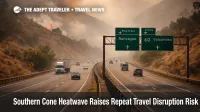 Southern Cone heatwave travel disruptions shown by smoke reducing visibility on a central Chile highway during extreme heat