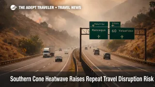 Southern Cone heatwave travel disruptions shown by smoke reducing visibility on a central Chile highway during extreme heat