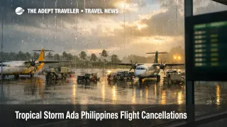 Tropical Storm Ada Philippines flights disruption with rain soaked Cebu apron and grounded aircraft, signaling cancellations and rebooking delays