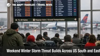 Traveler watches departure board at Atlanta airport as weekend winter storm threatens South and East Coast flight delays
