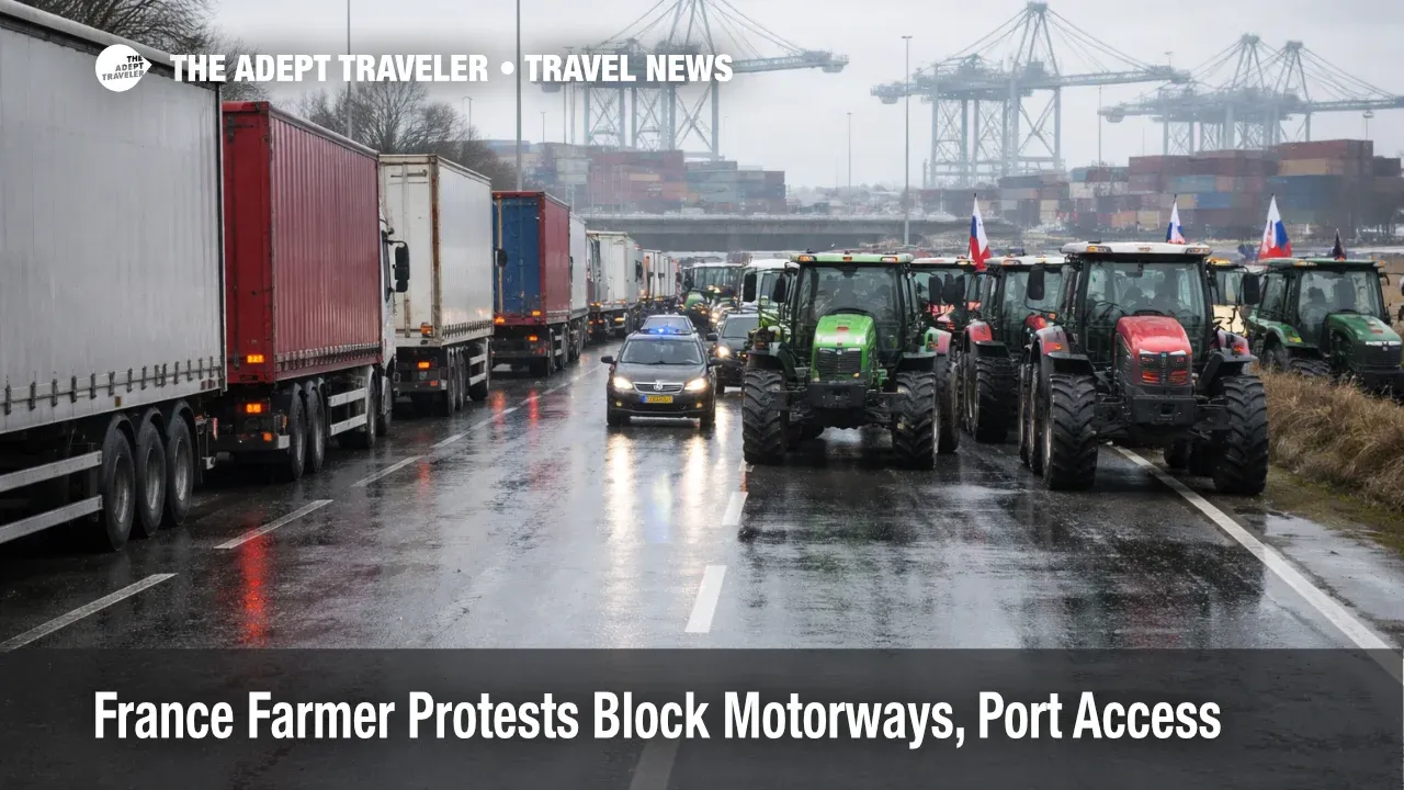  Port access traffic shows France farmer protest roadblocks causing Le Havre port slowdowns and delayed transfers