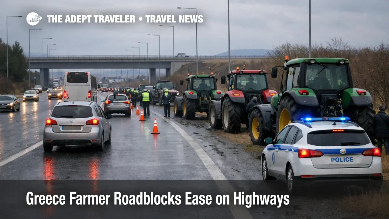  Greece farmer roadblocks ease, but traffic still crawls past tractors on a northern motorway, risking airport transfer timing