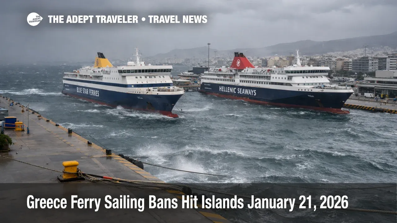 Greece ferry sailing ban at Piraeus shows ferries moored in rough seas as island departures are cancelled