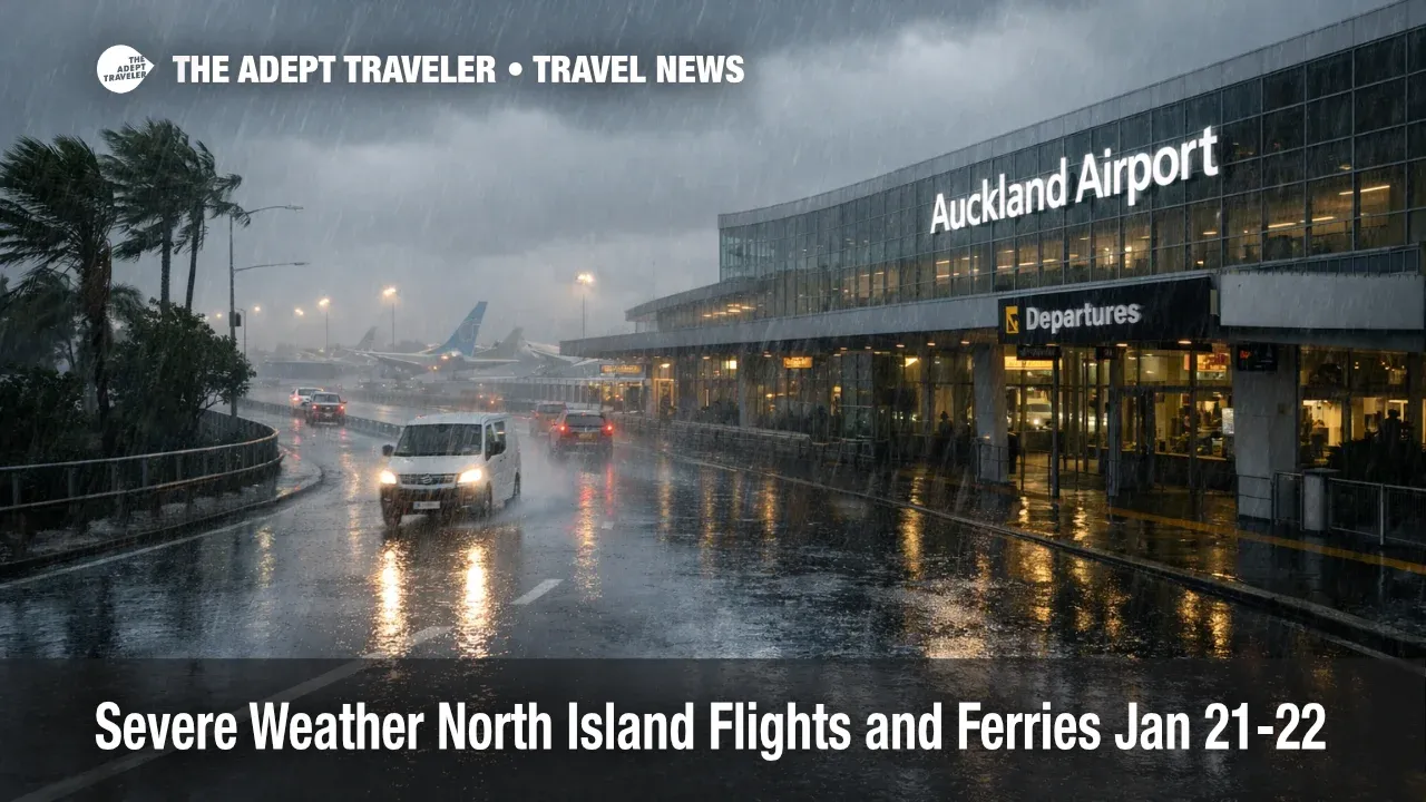 North Island severe weather flights risk shown at Auckland Airport as heavy rain and wind slow terminal access