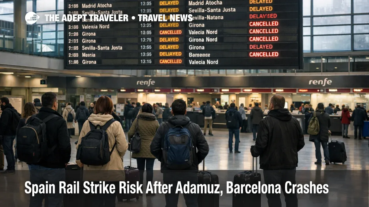  Spain rail strike risk as travelers wait under boards at Barcelona Sants, facing last minute Renfe cancellations