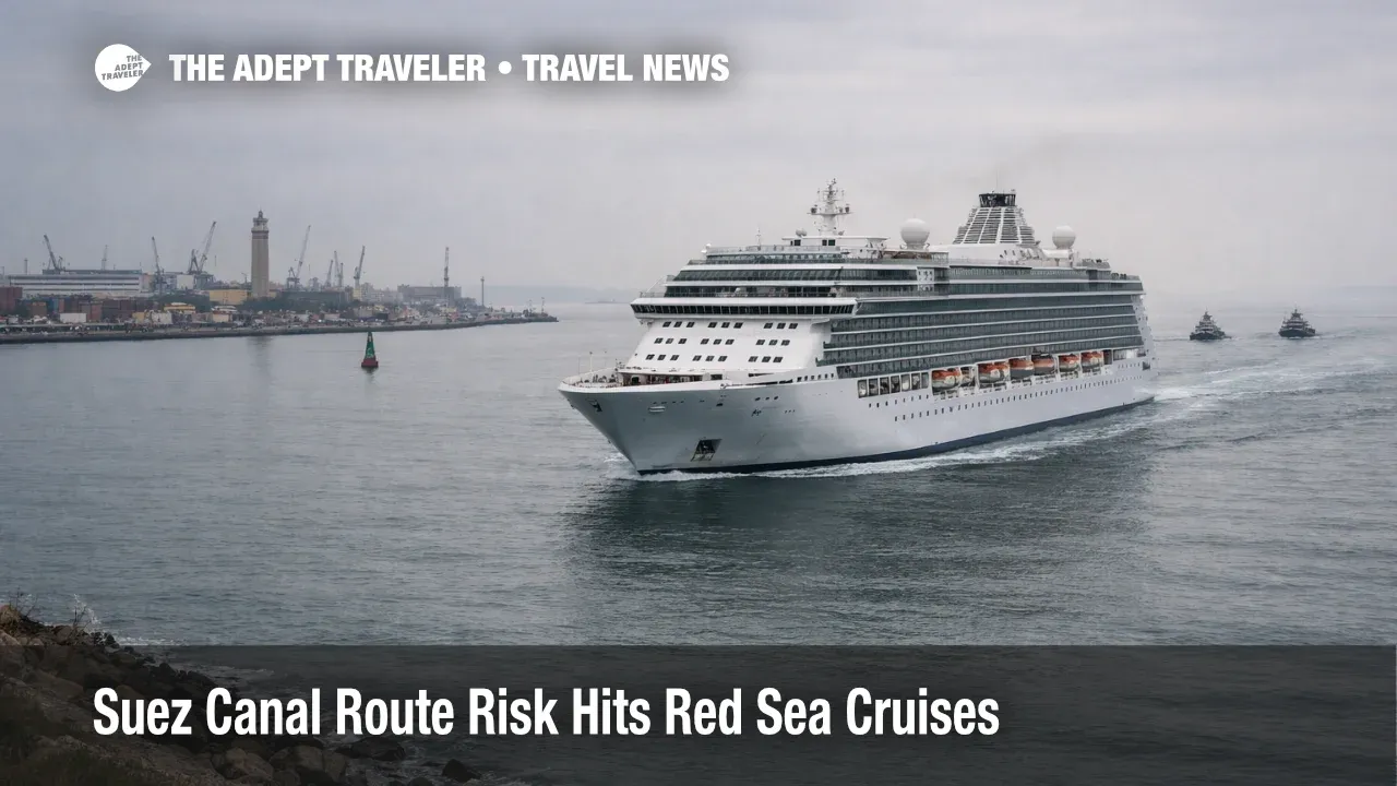 Suez Canal route risk forces a cruise ship to sail under gray skies near Port Said as itineraries stay uncertain