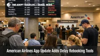 American Airlines app rebooking shown at DFW as travelers check phones under a departures board with delays and cancellations