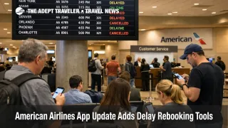 American Airlines app rebooking shown at DFW as travelers check phones under a departures board with delays and cancellations