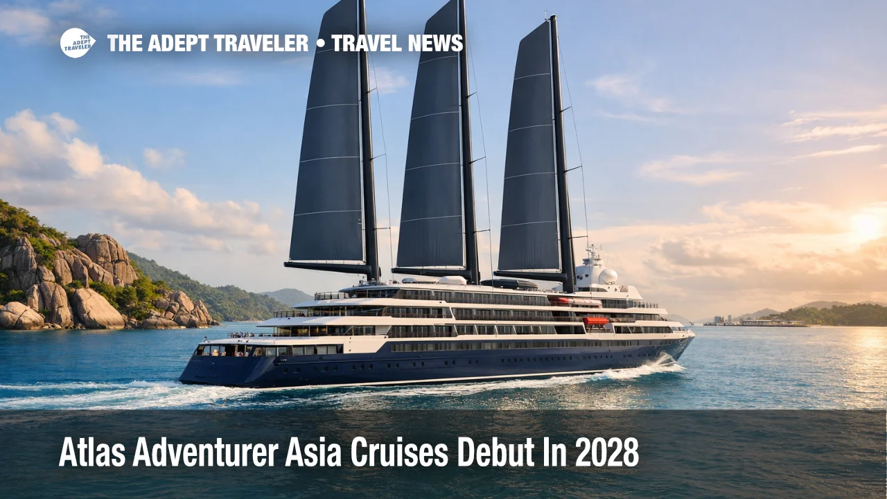 Atlas Adventurer Asia cruises shown by a hybrid sailing yacht underway near Seychelles as travelers plan 2028 voyages