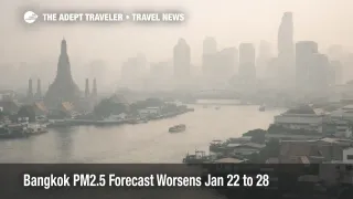 Bangkok PM2.5 forecast haze over the skyline, signaling reduced outdoor comfort and tighter transfer timing Jan 22 to 28