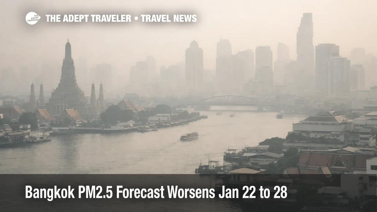 Bangkok PM2.5 forecast haze over the skyline, signaling reduced outdoor comfort and tighter transfer timing Jan 22 to 28