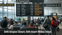 Delhi airspace closures at Delhi Airport shown on departures board as travelers face midday delays