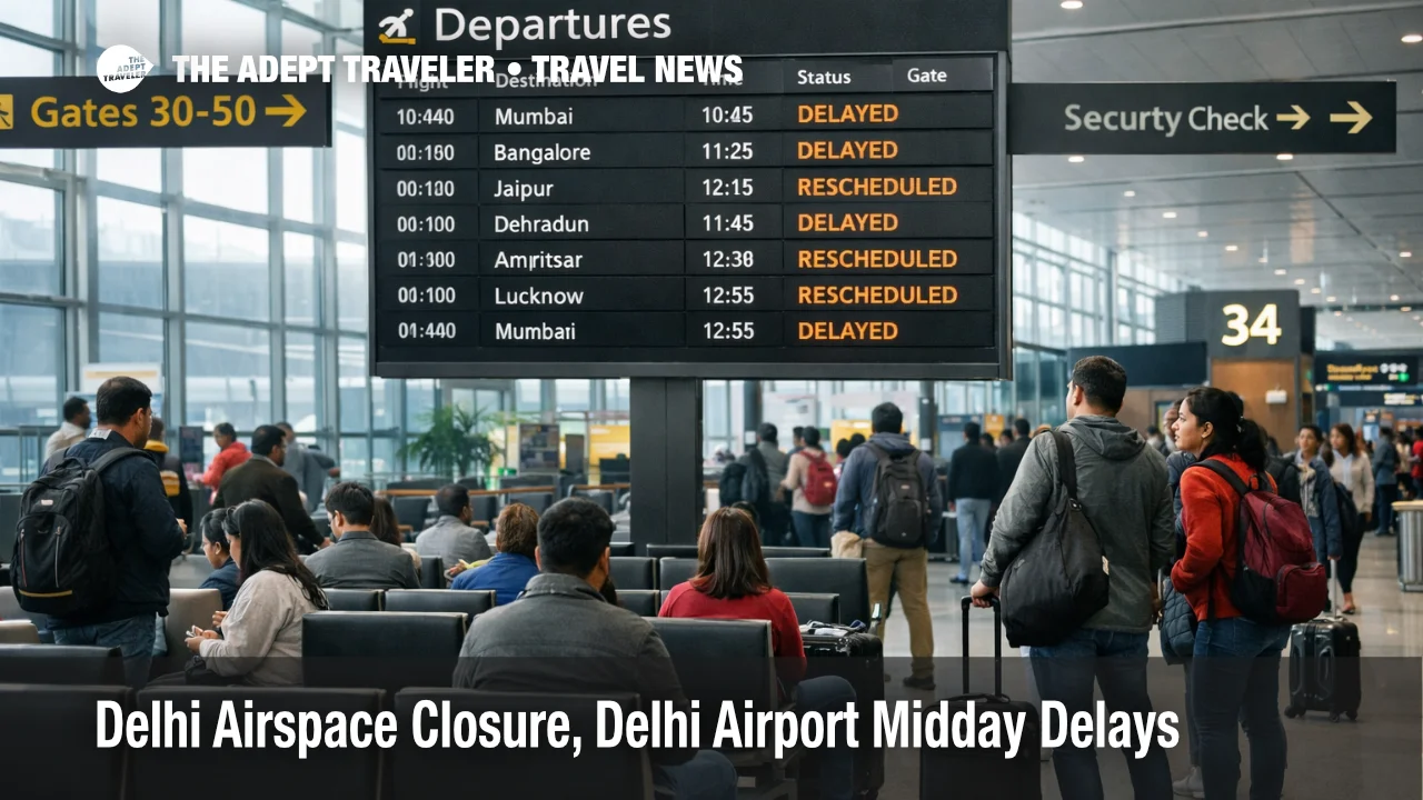 Delhi airspace closures at Delhi Airport shown on departures board as travelers face midday delays