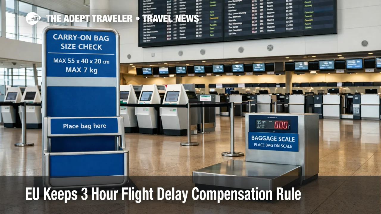 EU 3 hour flight delay policy shown by Brussels Airport check in area with carry on sizer and departure screens
