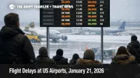 Flight delays US airports scene at ORD shows delayed boards and winter snow outside, signaling tighter connection margins