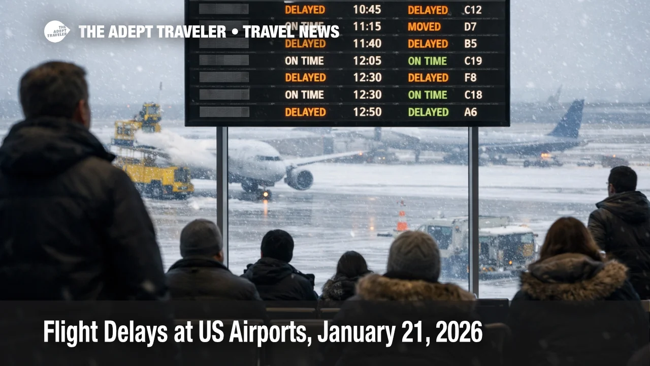 Flight delays US airports scene at ORD shows delayed boards and winter snow outside, signaling tighter connection margins