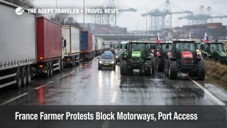Port access traffic shows France farmer protest roadblocks causing Le Havre port slowdowns and delayed transfers
