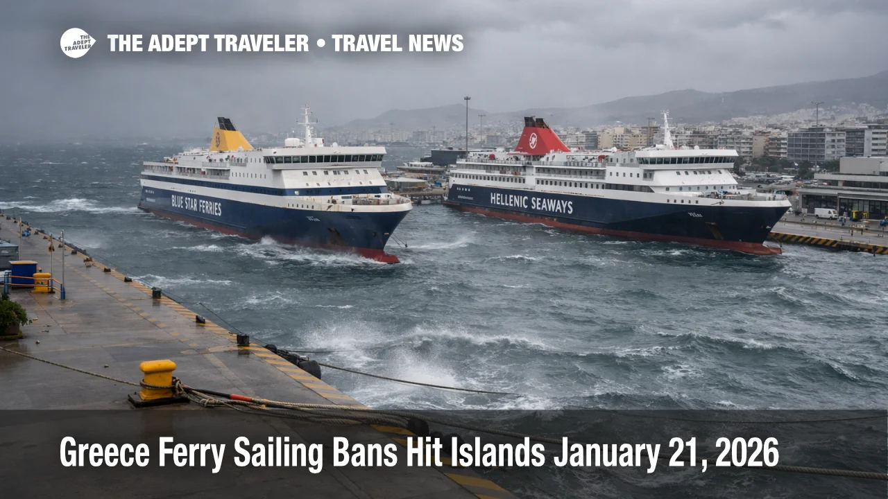 Greece ferry sailing ban at Piraeus shows ferries moored in rough seas as island departures are cancelled