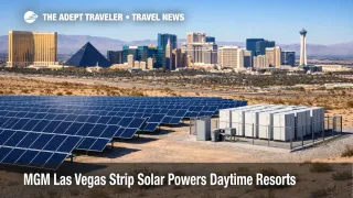 MGM Las Vegas Strip solar power shown by desert panels feeding Strip resorts during daytime operations