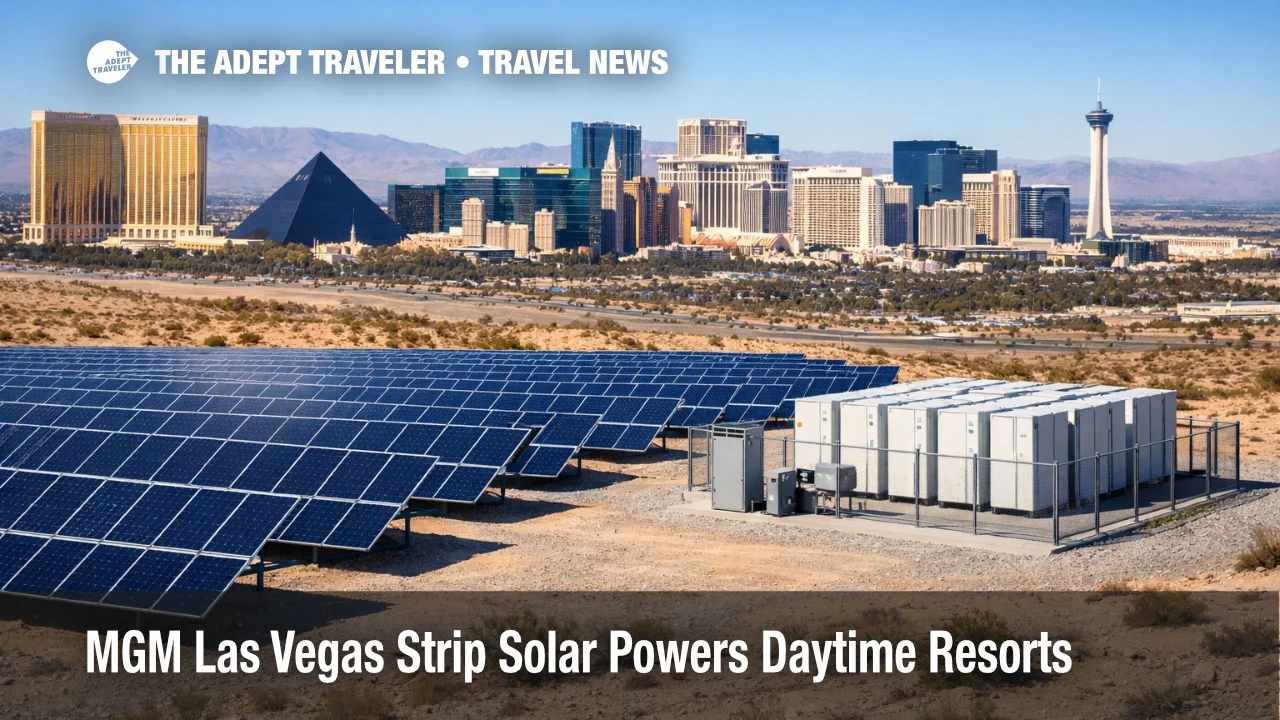 MGM Las Vegas Strip solar power shown by desert panels feeding Strip resorts during daytime operations