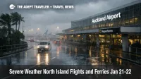 North Island severe weather flights risk shown at Auckland Airport as heavy rain and wind slow terminal access