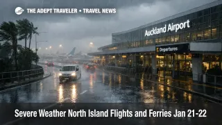 North Island severe weather flights risk shown at Auckland Airport as heavy rain and wind slow terminal access
