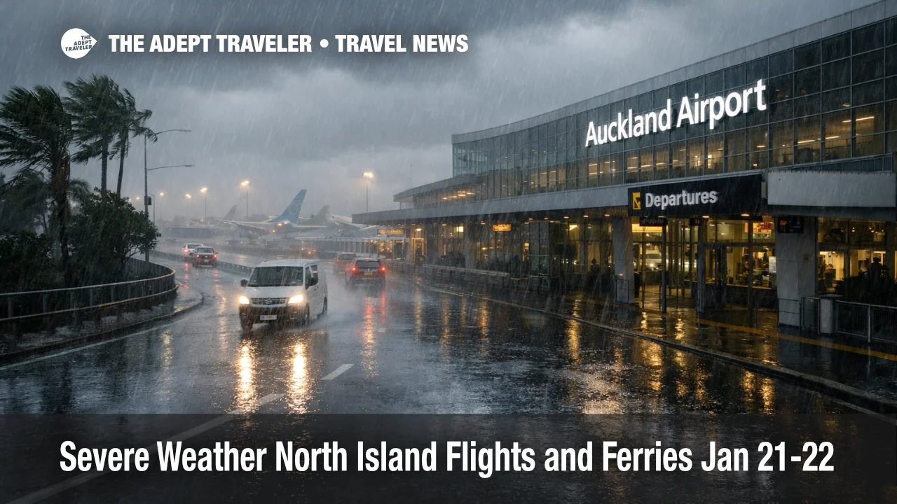 North Island severe weather flights risk shown at Auckland Airport as heavy rain and wind slow terminal access