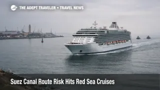 Suez Canal route risk forces a cruise ship to sail under gray skies near Port Said as itineraries stay uncertain