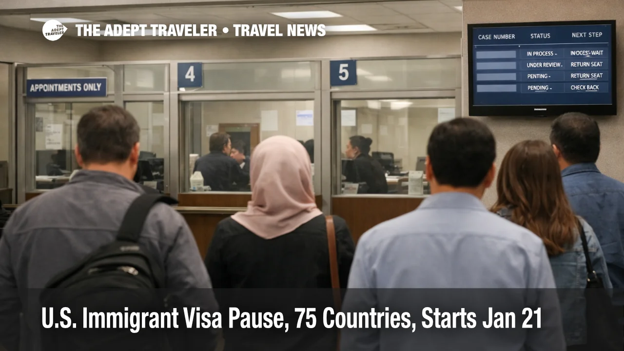 Queue at a U.S. embassy visa window reflects the U.S. immigrant visa pause that can delay family reunification travel