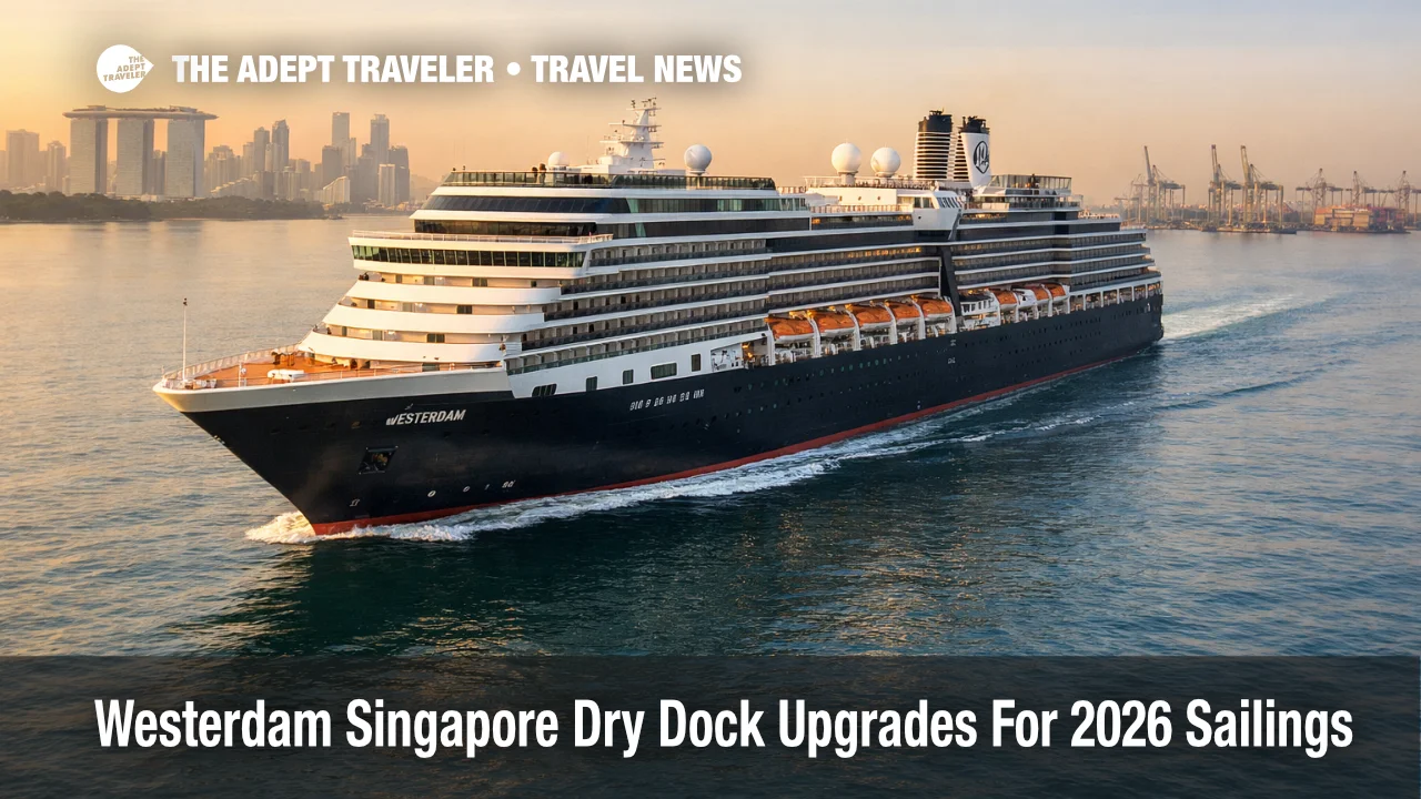 Westerdam Singapore dry dock upgrades debut as the ship sails off Singapore with the skyline in the distance