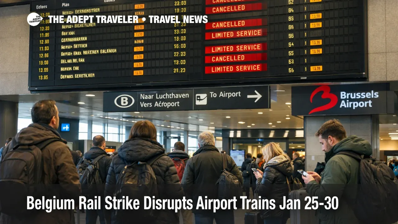Belgium rail strike airport links at Brussels Airport rail station, with a departures board showing cancellations and delays
