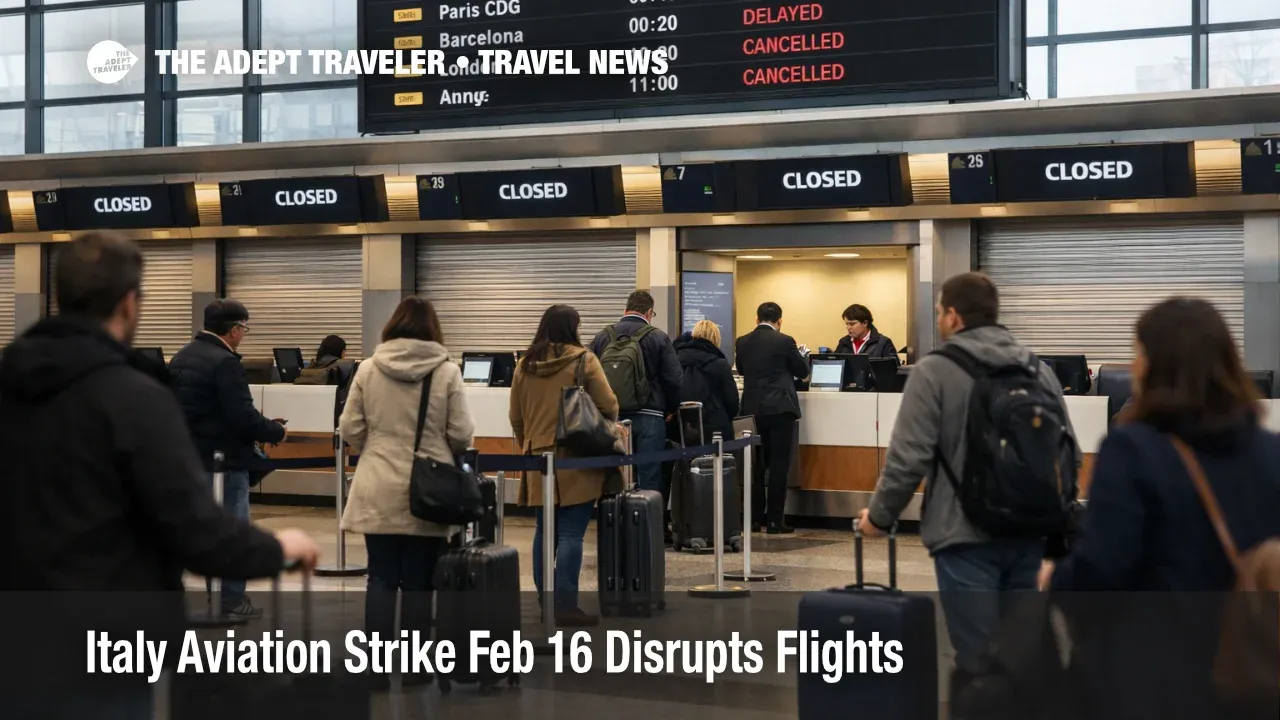  Italy aviation strike Feb 16 shown by closed counters and queues at Milan Malpensa, signaling cancellations and slow check in