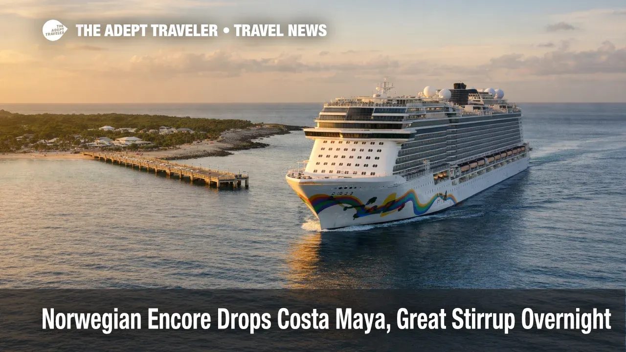 Norwegian Encore itinerary change, ship approaching Great Stirrup Cay late afternoon after Costa Maya dropped, signaling revised port plans