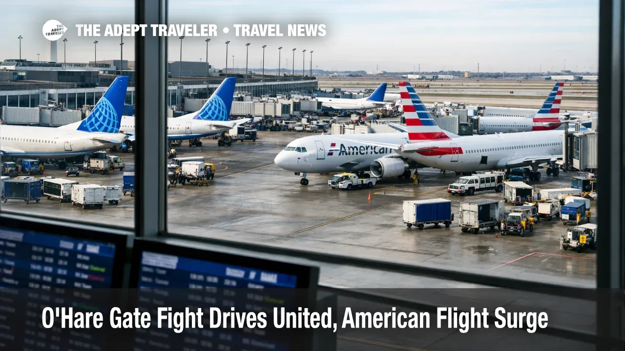 O'Hare gate fight scene, United and American jets crowd adjacent gates, signaling higher spring break congestion risk at ORD