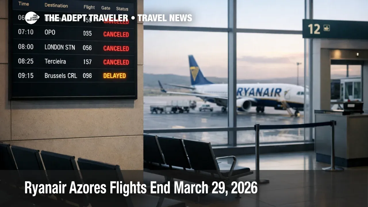 Ryanair Azores flights ending shown on a Ponta Delgada departures board with several flights marked canceled