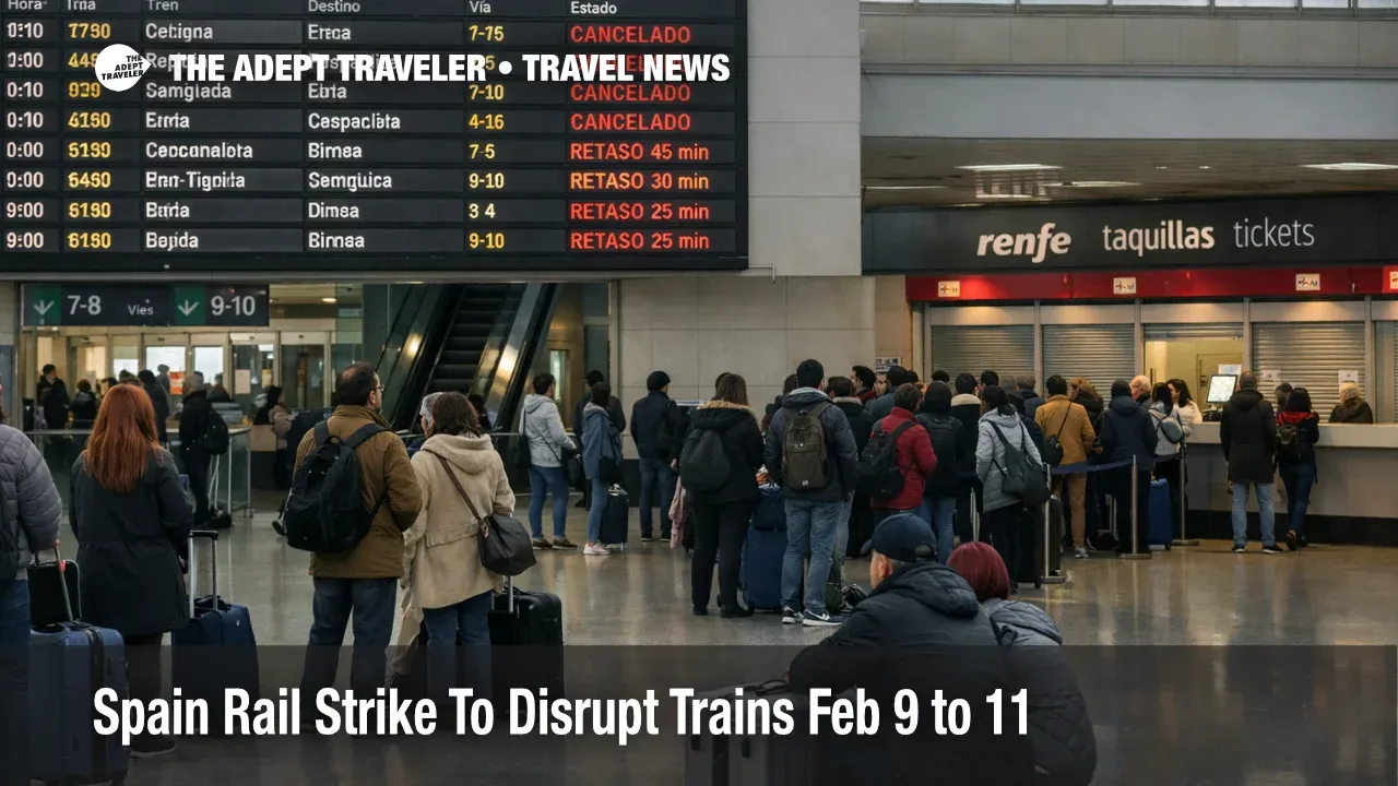Spain rail strike Feb 9 warning at Barcelona Sants as departures board shows cancellations and travelers wait