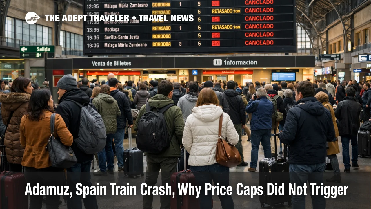 Adamuz train crash price caps story, stranded travelers wait at Madrid Atocha under cancellation boards and queues