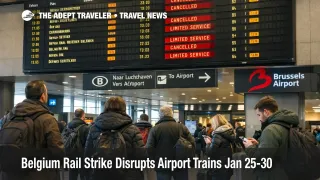 Belgium rail strike airport links at Brussels Airport rail station, with a departures board showing cancellations and delays
