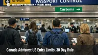 Canada advisory US entry limits shown by queues at JFK immigration booths as travelers confirm documents and long stay status