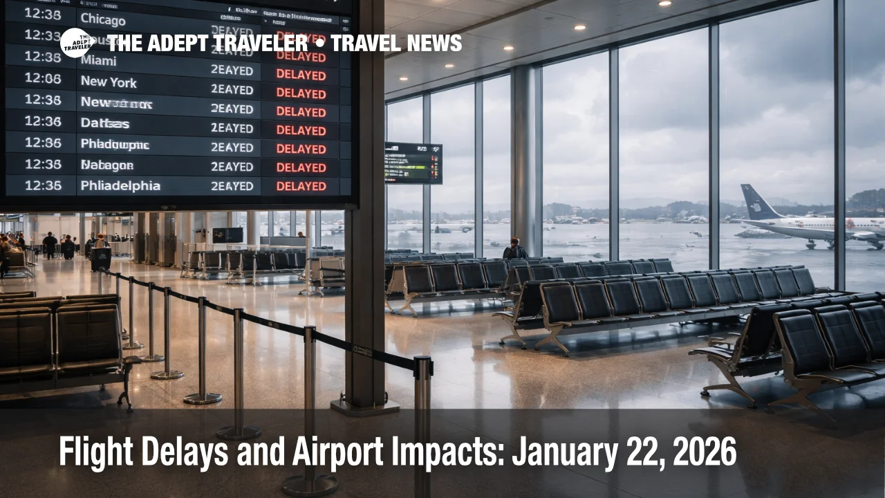  US airport flight delays on a departures board as wind and low clouds squeeze hub schedules and connections