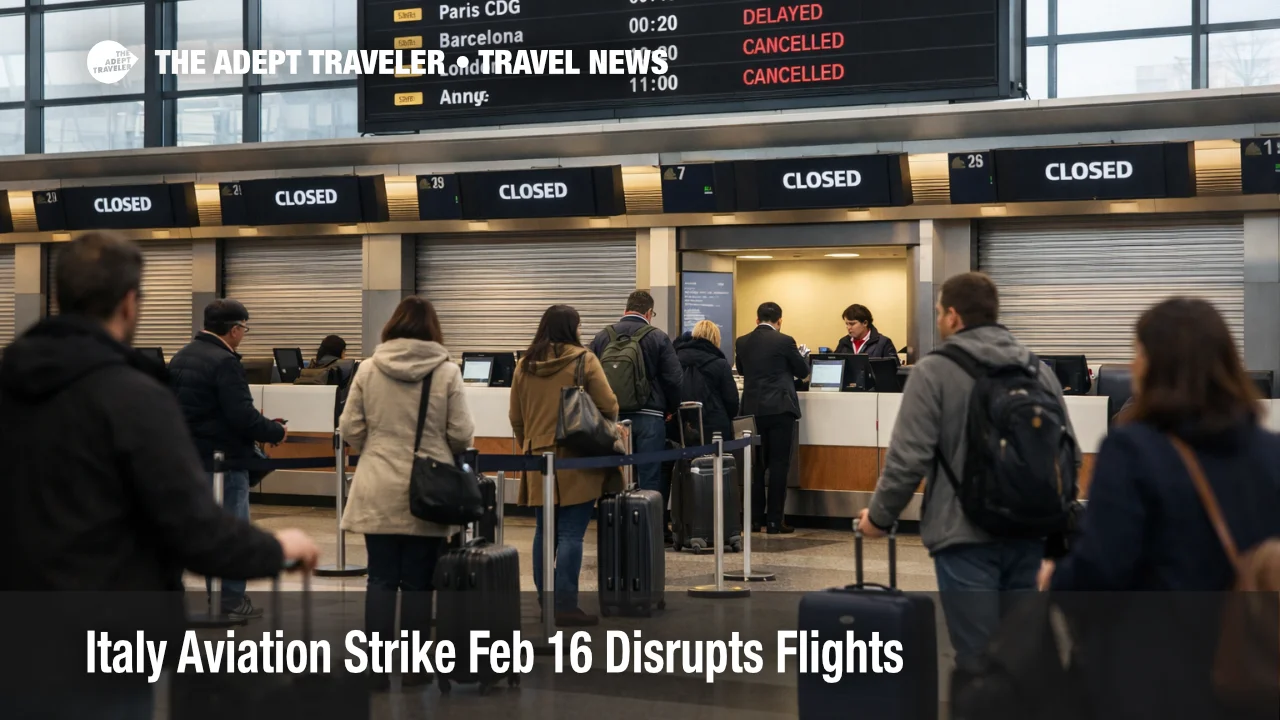 Italy aviation strike Feb 16 shown by closed counters and queues at Milan Malpensa, signaling cancellations and slow check in