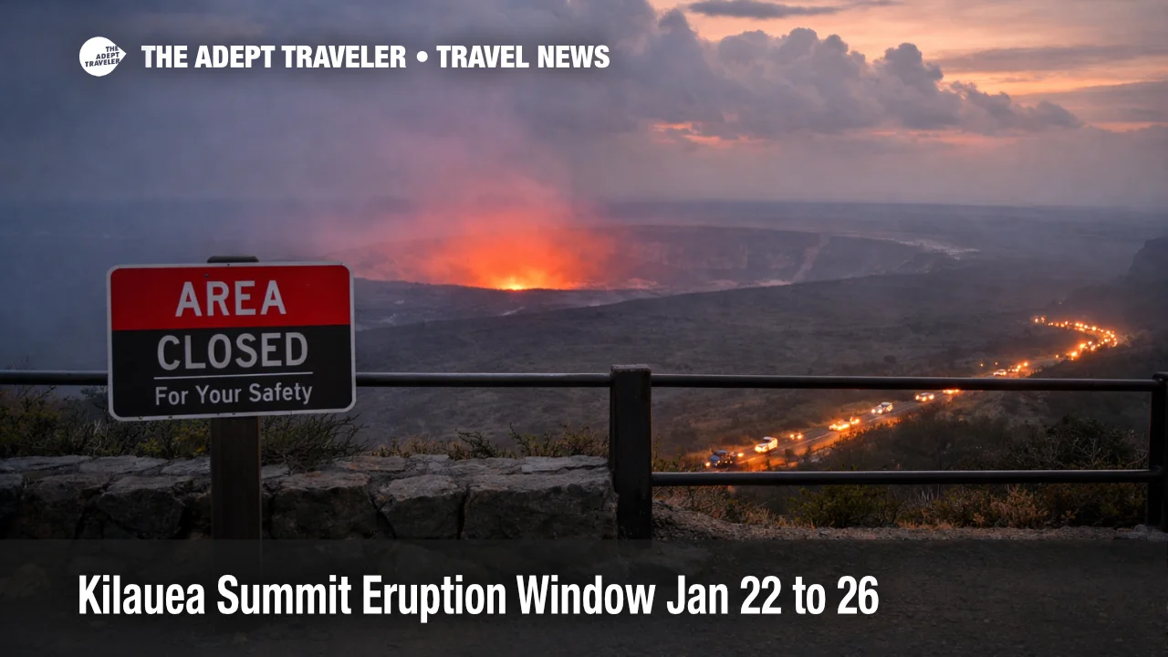 Kilauea summit eruption window overlooks show haze and closure warnings, signaling vog and access risk for park visitors