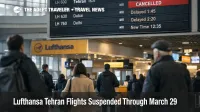 Lufthansa Tehran flight suspension shown on a Frankfurt departures board, signaling cancellations and longer rerouted journeys