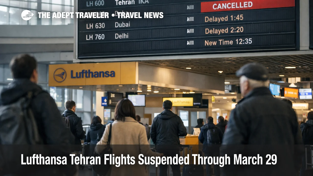Lufthansa Tehran flight suspension shown on a Frankfurt departures board, signaling cancellations and longer rerouted journeys