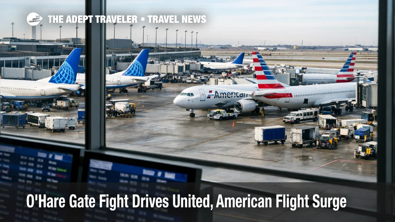 O'Hare gate fight scene, United and American jets crowd adjacent gates, signaling higher spring break congestion risk at ORD