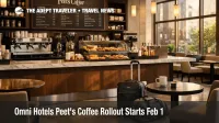 Omni Peet's coffee rollout, hotel lobby cafe counter with espresso bar and menu board, ready for early departures