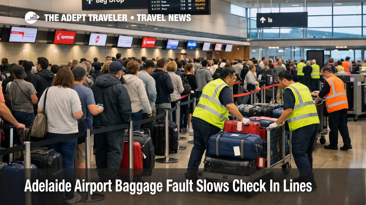 Adelaide Airport baggage system fault causes long check in queues as staff manually move tagged luggage to screening