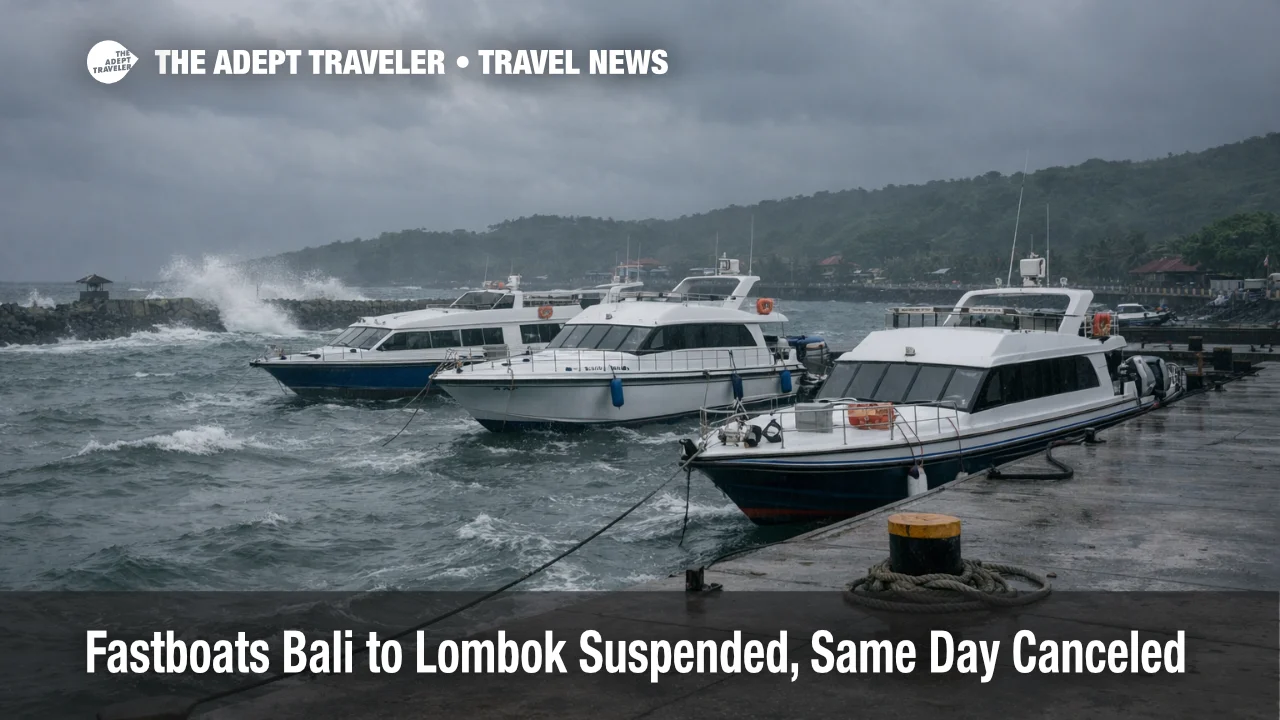 Bali Lombok fastboats suspended as rough seas pound Padang Bai pier, with stranded boats under dark monsoon clouds