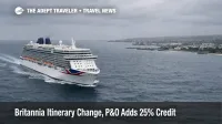 Britannia itinerary change compensation, P&O ship sailing off Barbados under gray skies, signaling disrupted ports and remedies