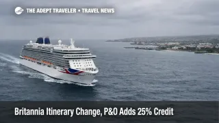 Britannia itinerary change compensation, P&O ship sailing off Barbados under gray skies, signaling disrupted ports and remedies